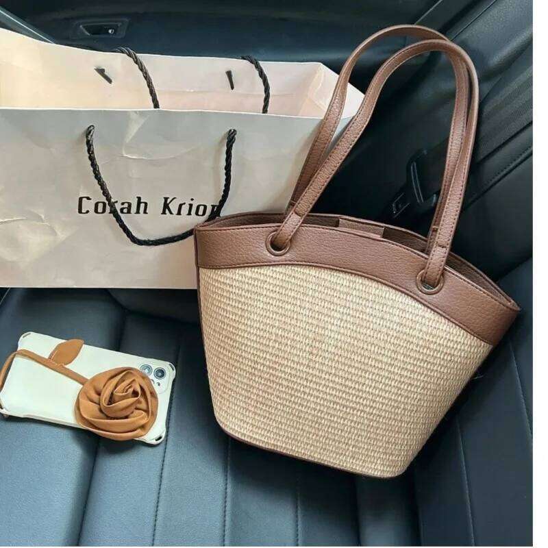 Vacation Woven Handbag Women Vintage Straw Bucket Bagutte Bag Purse Female Sea Holiday Summer Shoulder Bags 2025
