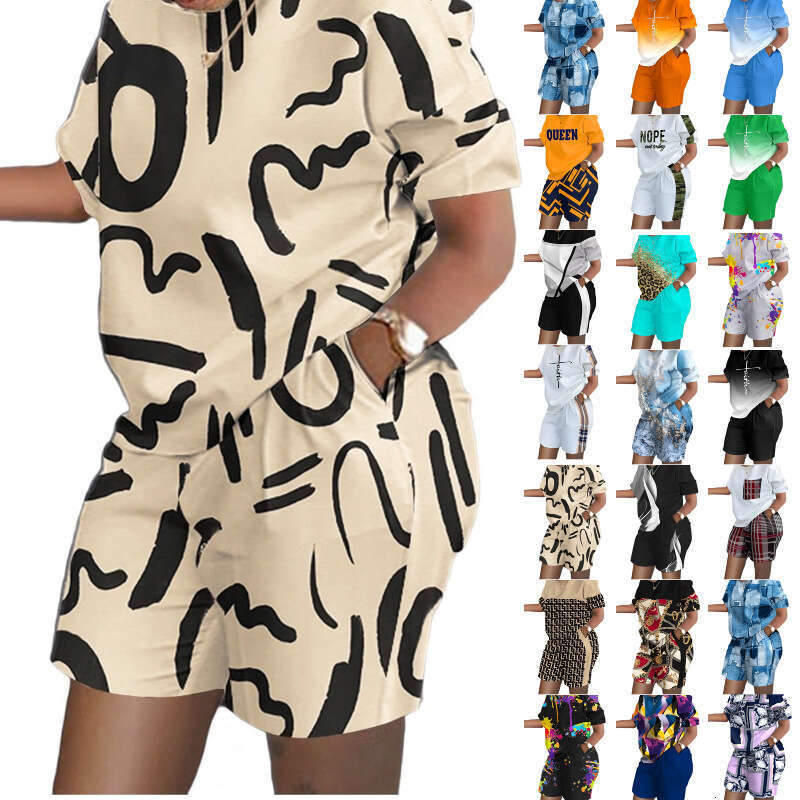 Women's Spring Summer Short Sleeve Two-Piece Printed Commuter Set