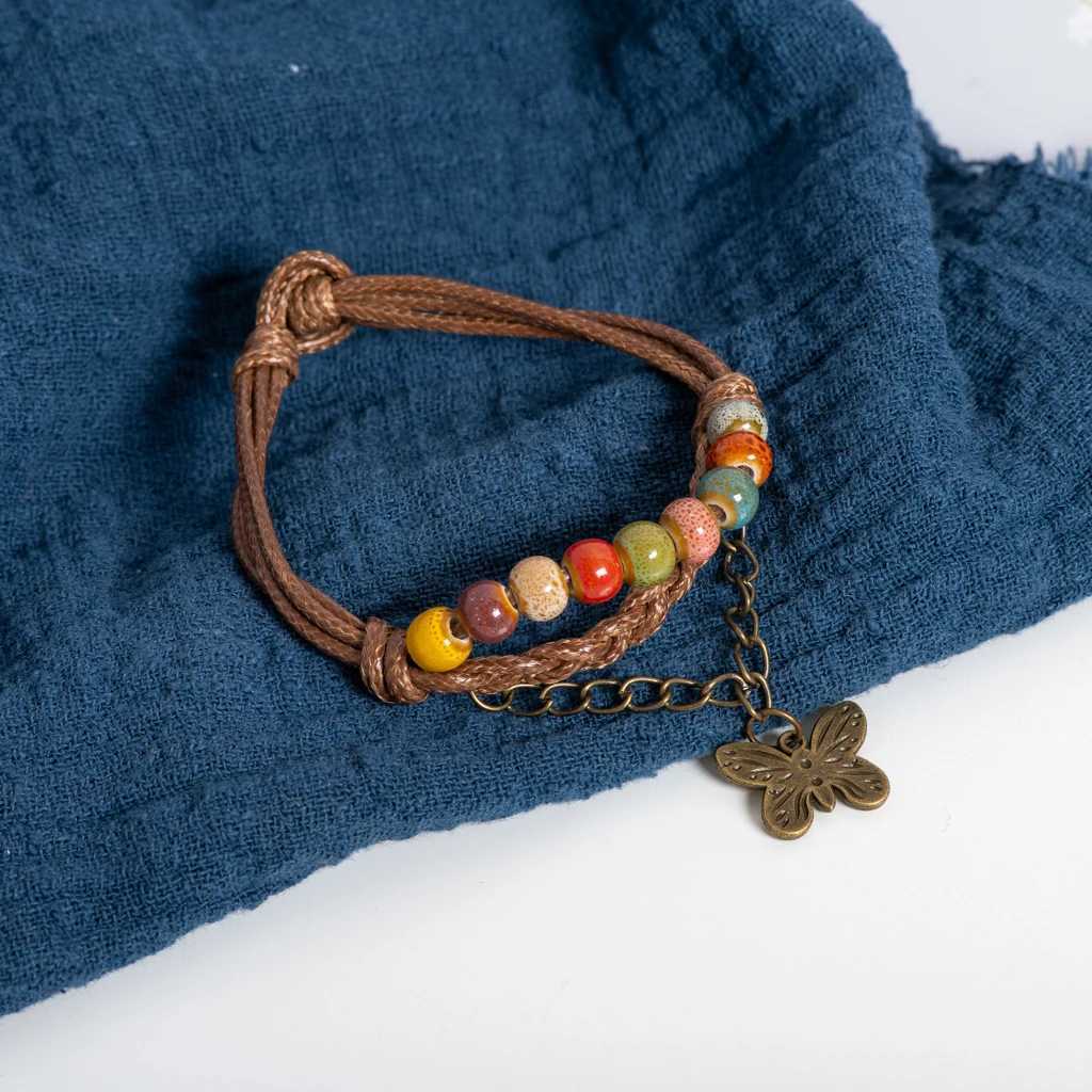 Lucky Four Leaf Clover Ceramic Bracelet Handmade Wax Cord With Crackle Beads Blue And Green Options Vintage For Women Gift W250526
