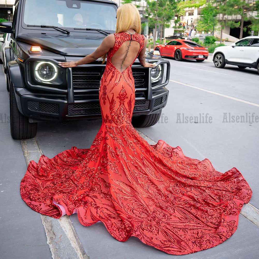 Sparkly Red Prom Dresses For Black Girls Sequin Mermaid Evening Gowns Backless robe de Gala Customized