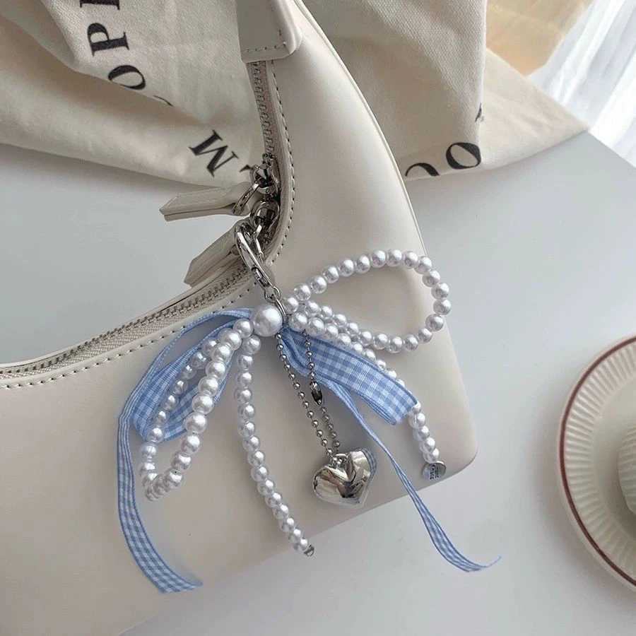 Y2K Lattice Ribbon Bowknot Pearls Bag Pendant Charm Heart Keychain Elegant Beaded Keyring Sweet Key Chain Phone Key Bag Hangings W250526