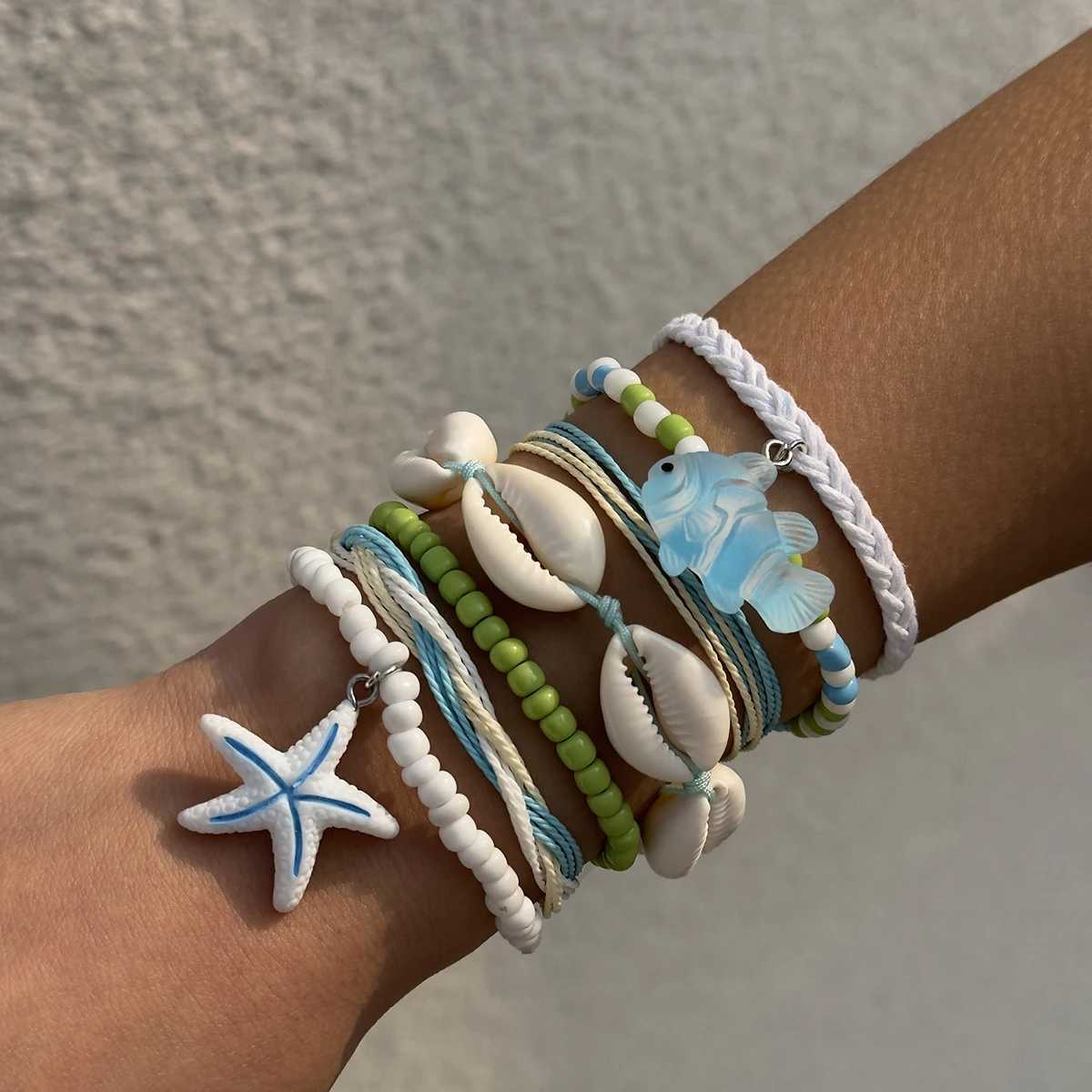 Tocona Bohemian Resort Style Shell Beaded Weaving Bracelet Beach Style Starfish Rice Beads Seven Piece Set for Women 25134 W250526