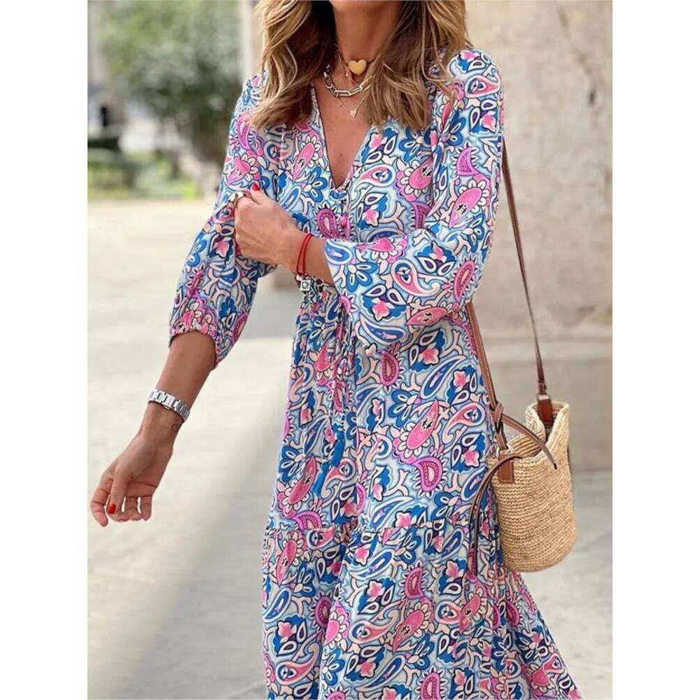 Hot Tight Dresses Women S Autumn New Fashionable Printed Sexy V Neck Long Sleeve High Elastic Waist Medium Length Bohemian Dress Casual Knee Length Dr