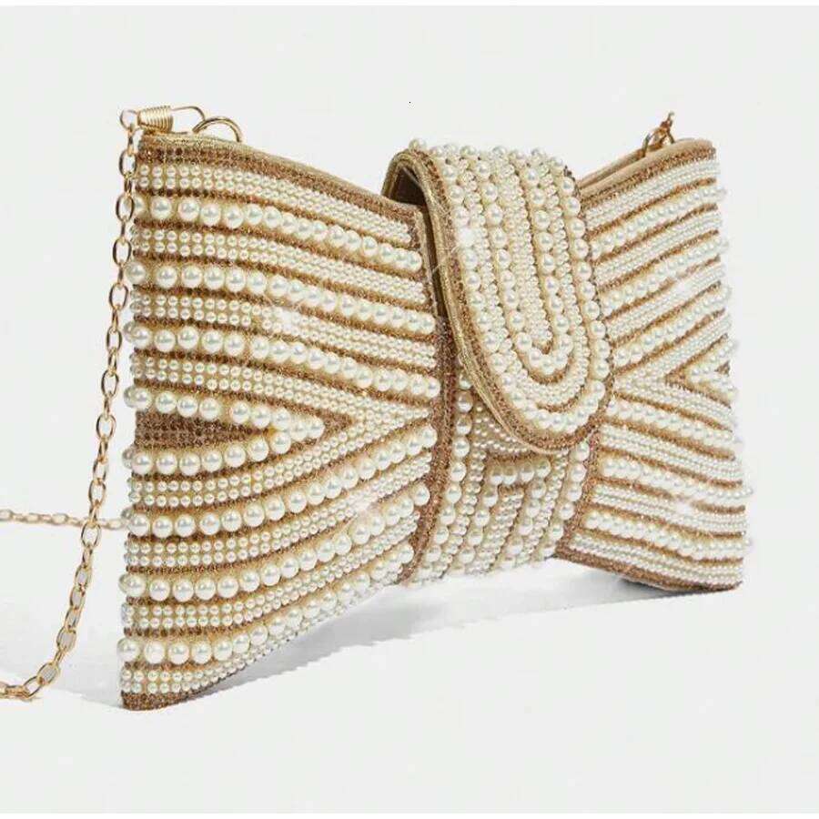 2025 Elegant Beaded White Bow Tie Clutch Bag For Women|Wedding Party Evening Purse|Sparkling Rhinestone Handbag|