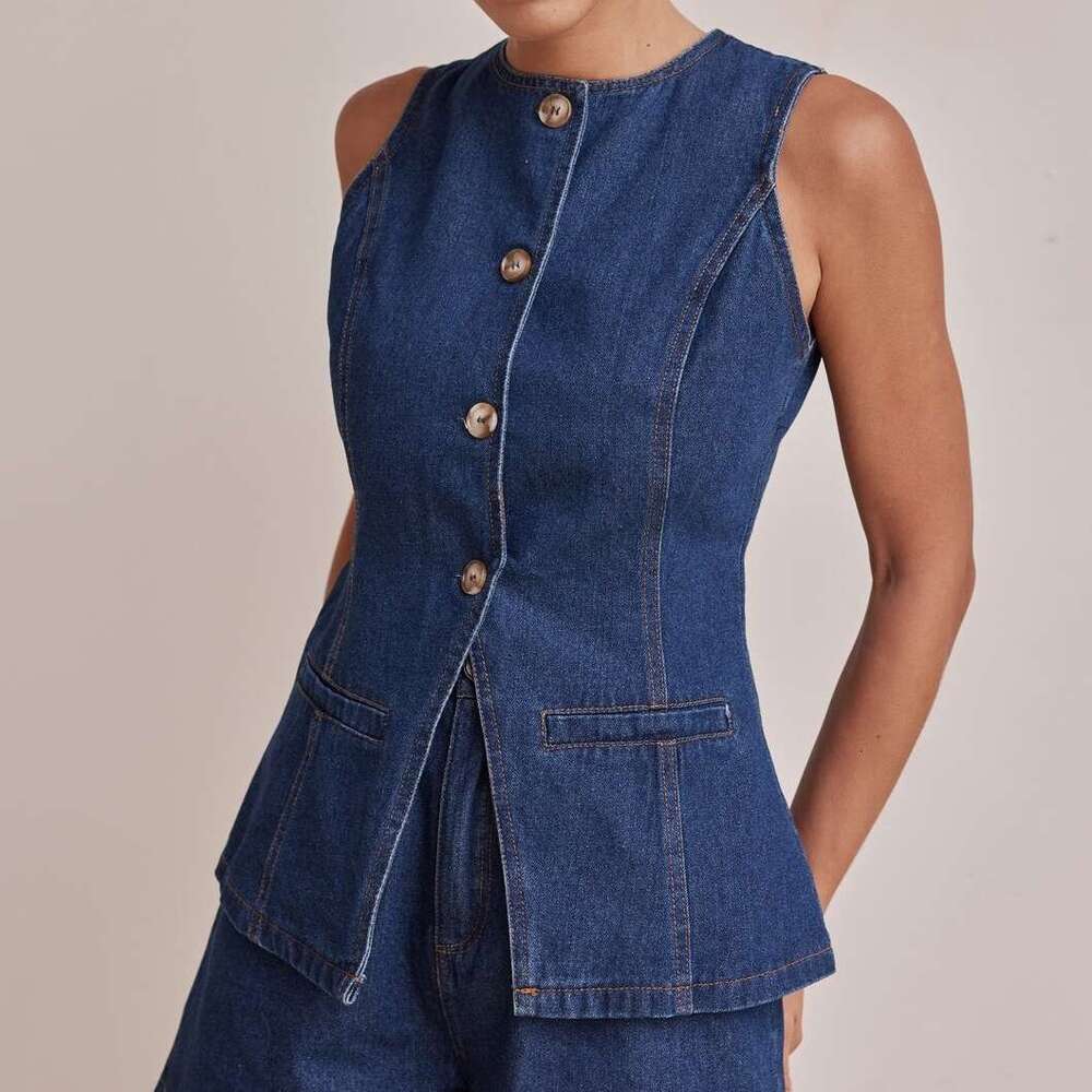 2025 Spring/Summer New Fashion Sleeveless Waist-Cinching High-Waist Loose Denim Shorts Set