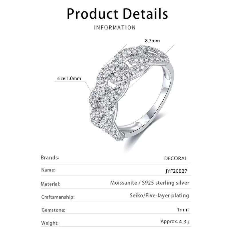 Engagement Vintage Jewelry 18K White Gold Plated 925 Sterling Silver Jewelry Moissanite Hip Hop Cuban Ring for Women Men