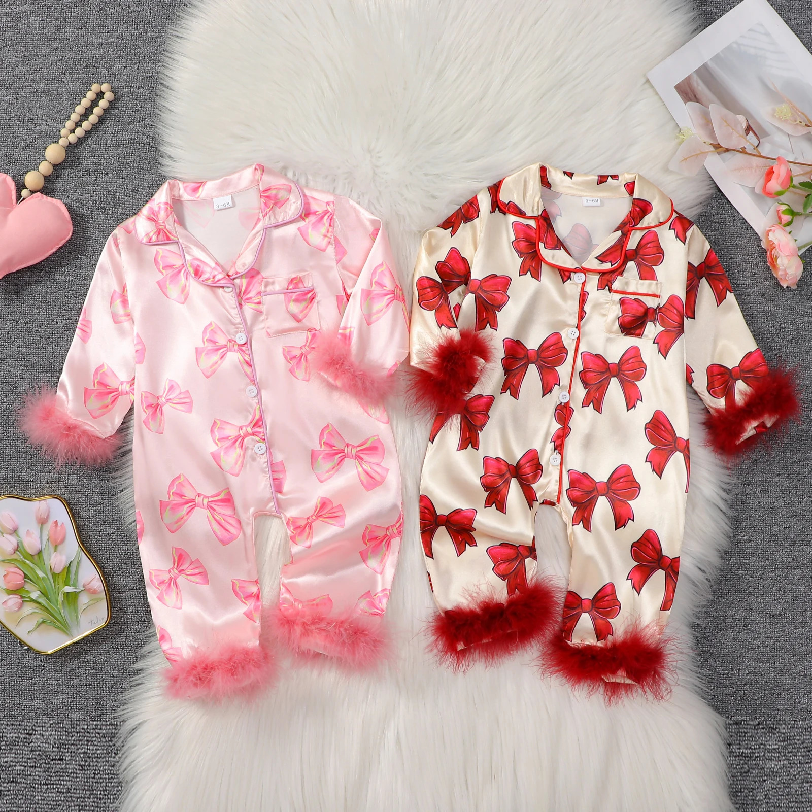 MISOWMNJOY Satin Baby Girls Pajamas Spring Long Sleeve Bow Print Furry Patchwork Button Closure Jumpsuit Sleepwear Loungewear 250527