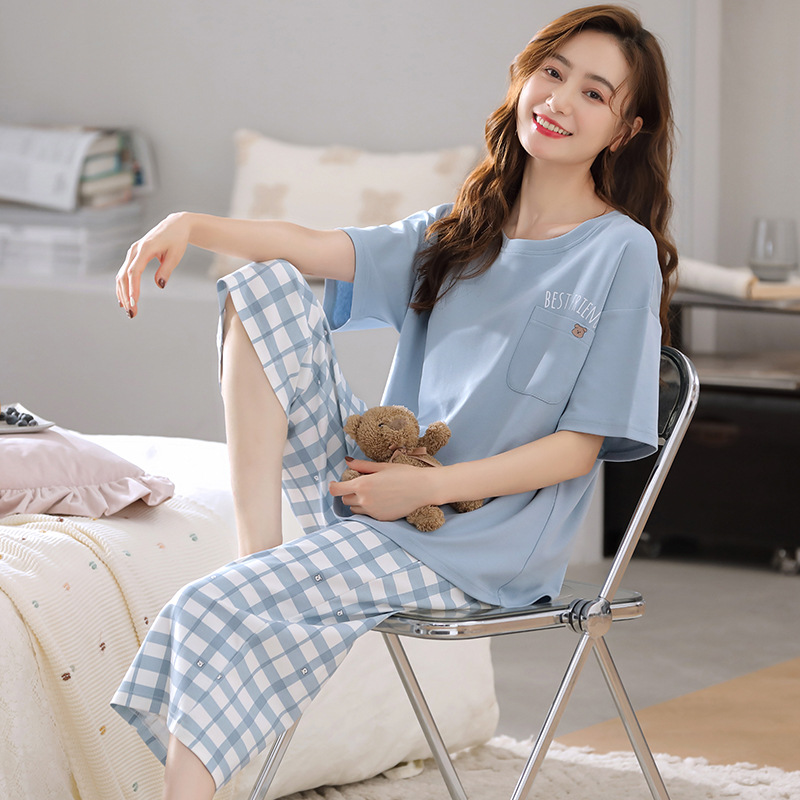 B901-Pajamas women's summer pure cotton short-sleeved shorts summer large size can be worn outside home clothes suit