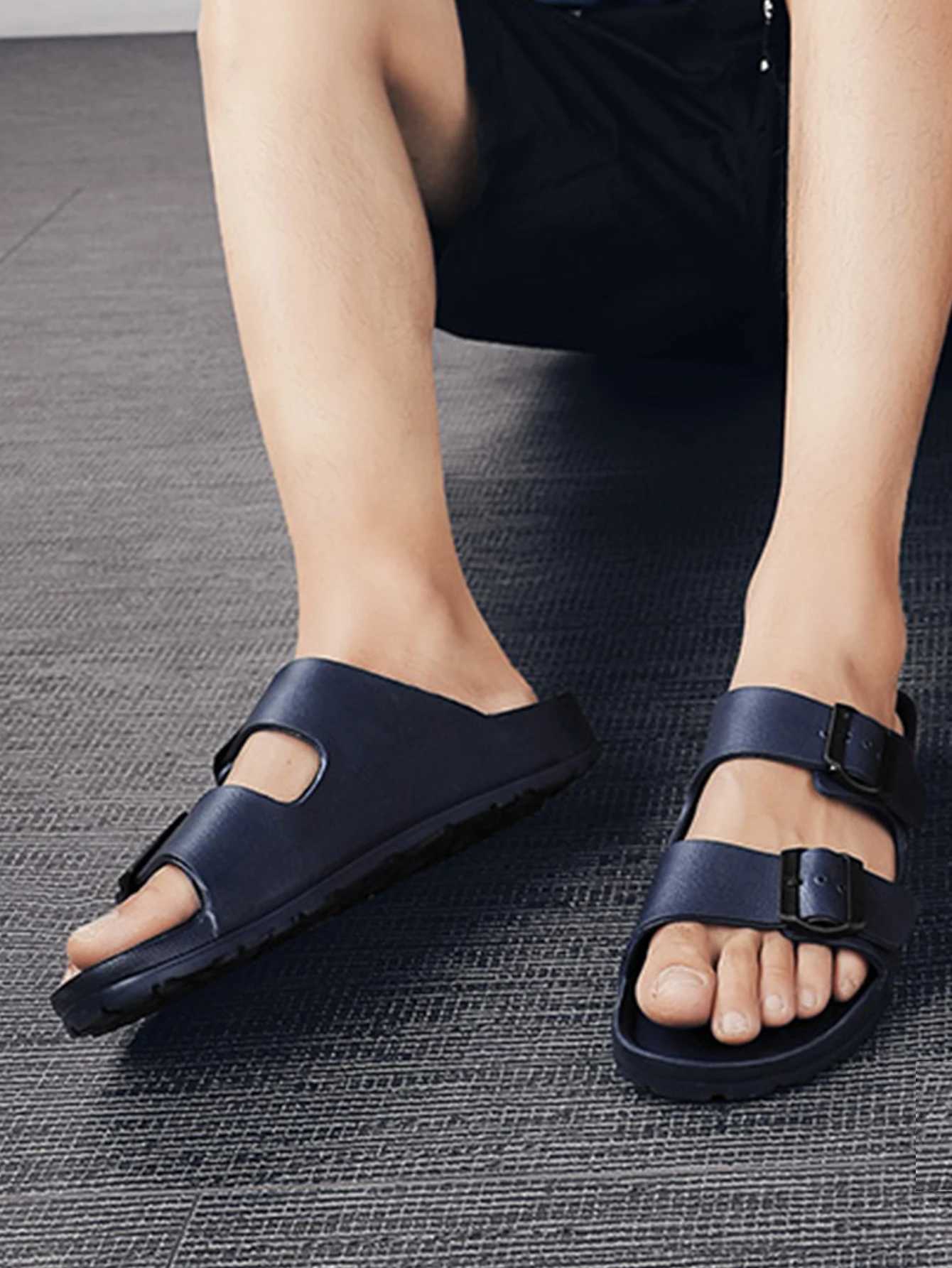 Summer Mens Casual Simple Solid Color Buckle Plastic Slip-On Flat Heel Adjustable SlippersXJ250527