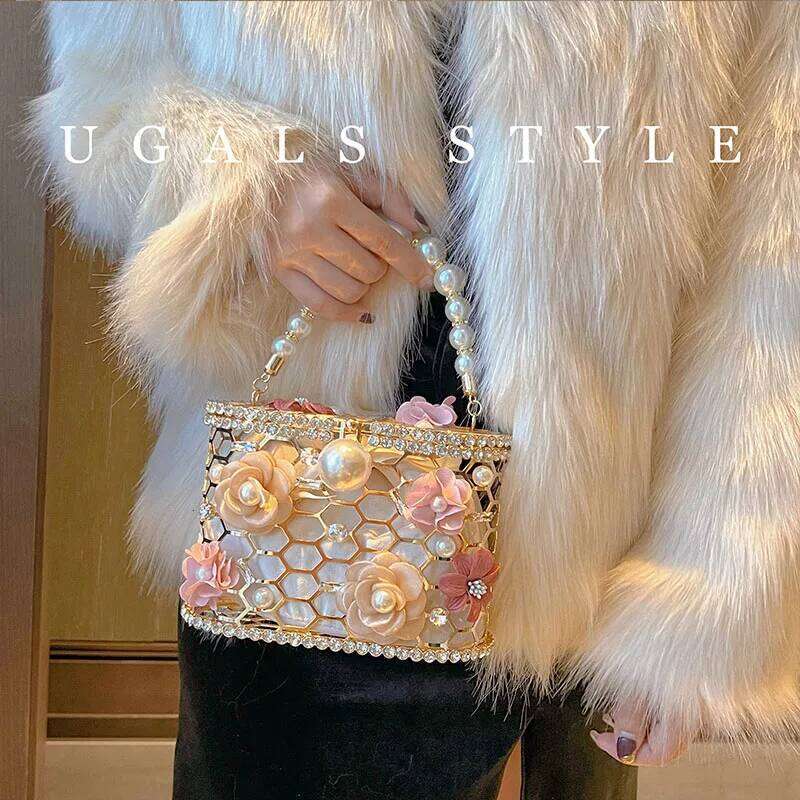 Hollowout Pearl Beaded Metallic Cage Women Handbag Rhinestone Dia Evening Wedding Party Clutch Purse Shoulder Bag