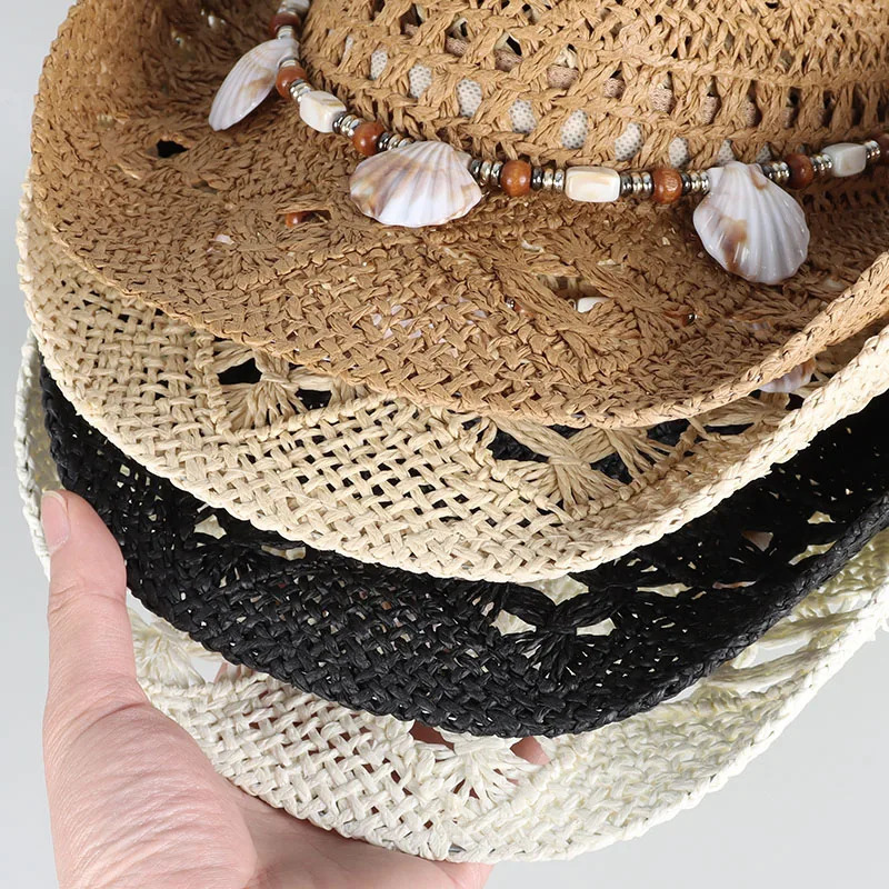 Western Cowboy Hats for Women Men Classic Vintage Hollow Out Unisex Curled Wide Brim Sun Hat Fishing Hat Climbing Straw Cap 250526