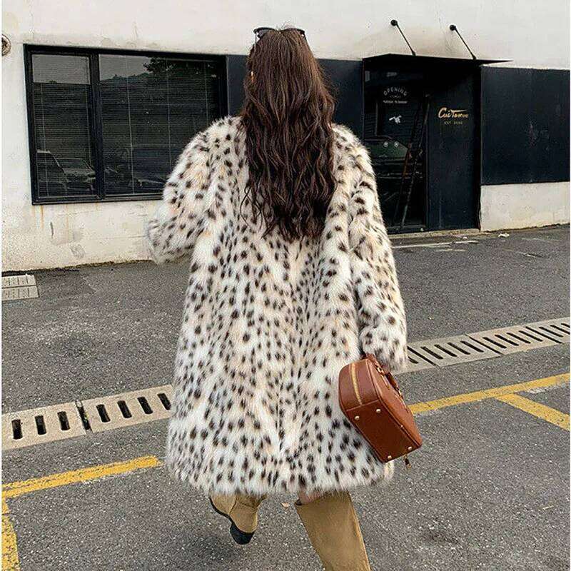 Thicke Jacket Women's Outwear Autumn Winter New Eco-Friendly Faux Fox Leopard Print Lapel Fur Coat
