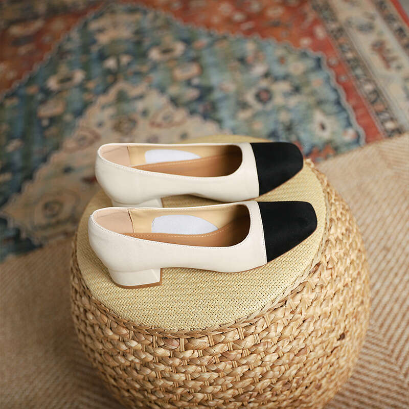 2025 New Style Small Chanel Square Toe Shallow Mouth High Casual Color Block Chunky Heel Single Shoes
