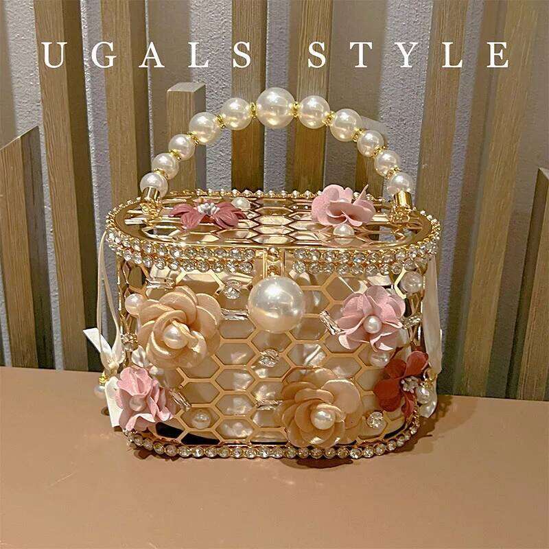 Hollowout Pearl Beaded Metallic Cage Women Handbag Rhinestone Dia Evening Wedding Party Clutch Purse Shoulder Bag