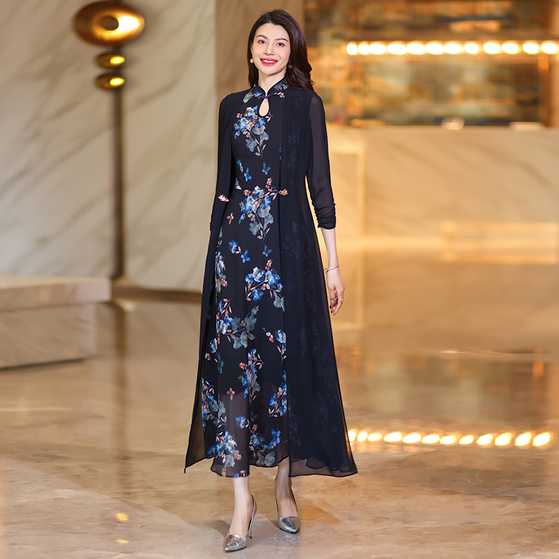 Charming Asian-Inspired Femininity: Lightweight Flowy Chiffon Maxi Skirt Ensemble w/ Classic Embroidery Details