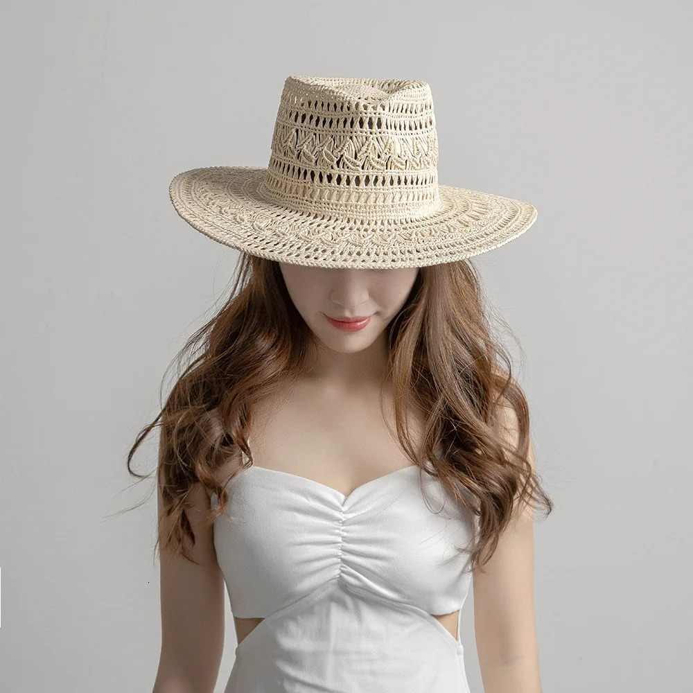 USPOP Fashion casual hand-woven hollow pattern straw hat spring and summer ladies wide brim jazz hat outdoor sun hat 250526