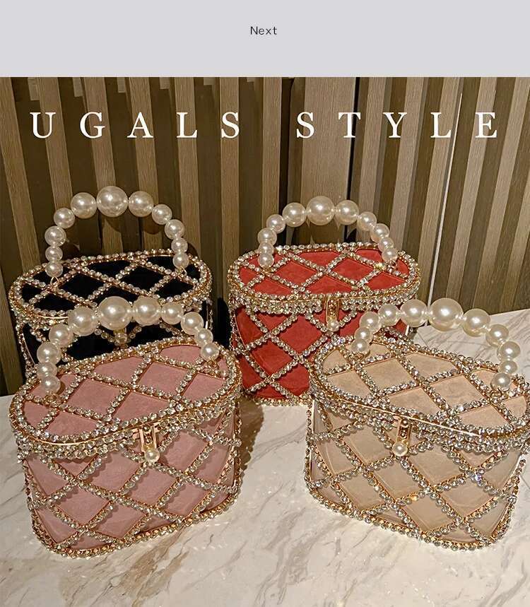 Rhinestones Dia Evening Hollow Pearl Beaded Metallic Cage Women Handbag Wedding Party Clutch Purse Shoulder Bag