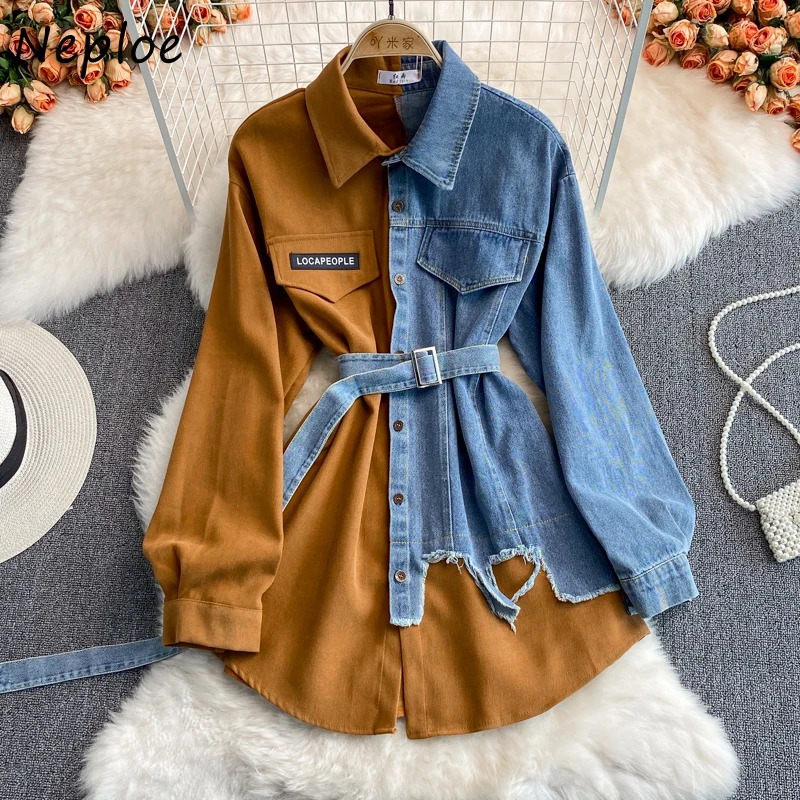 Neploe Unique Denim Patchwork Shirt Turn-down Collar Chic Mujer Blusas Long Sleeve Tops Female Irregular Women Blouses with Belt 250523