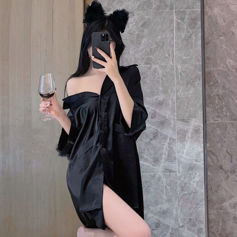 X181-Ice silk pajamas women summer new fashion white shirt medium long silk shirt nightdress