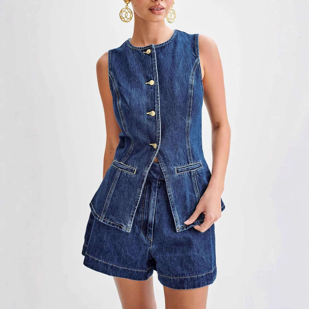 2025 Spring/Summer Fashion Casual Sleeveless High-Waisted Denim Set Women's Wear