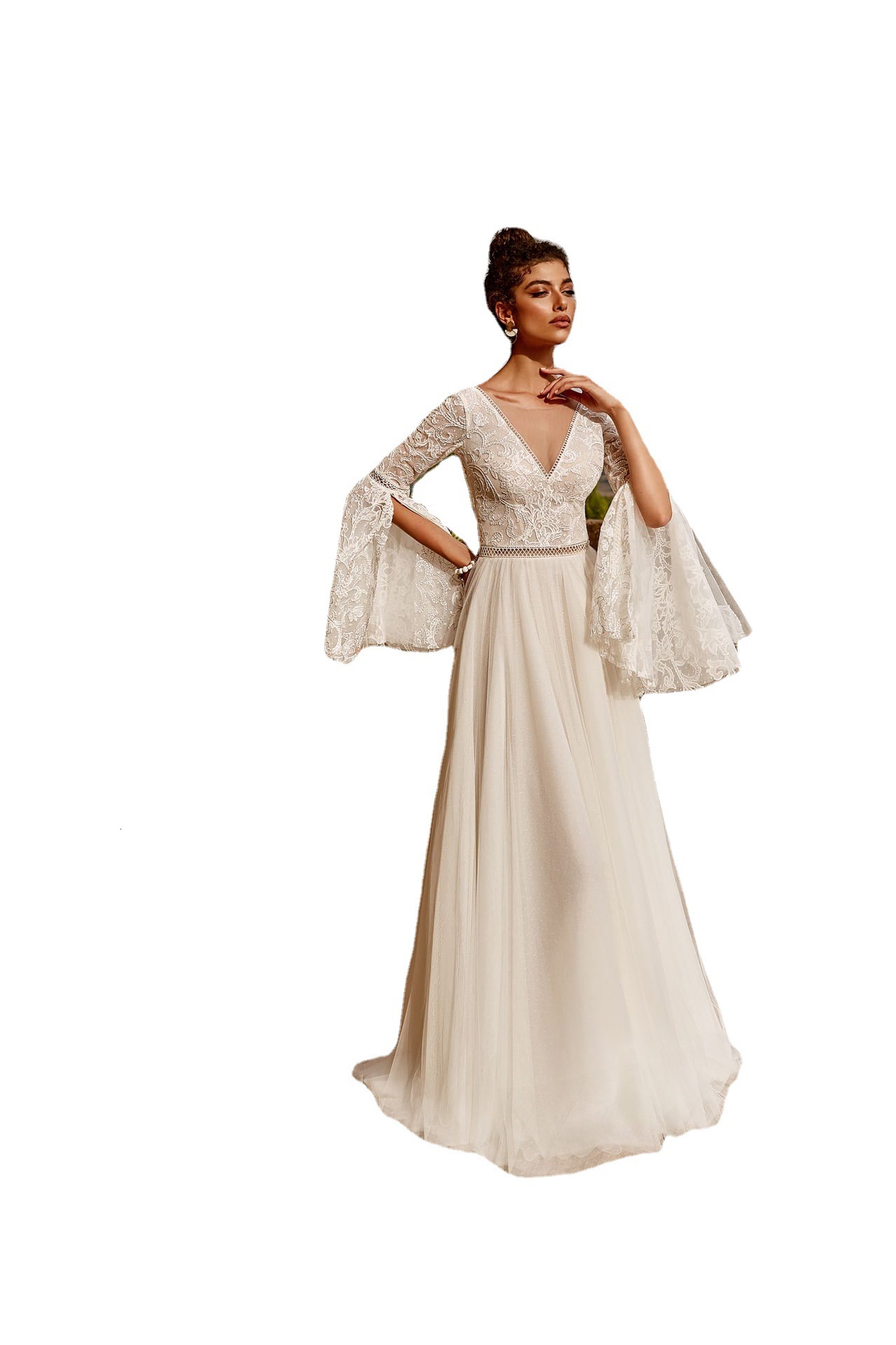 New Mesh Wedding Dress Wedding Dress Lace Flare Sleeve Long Sleeve Bridesmaid Dress