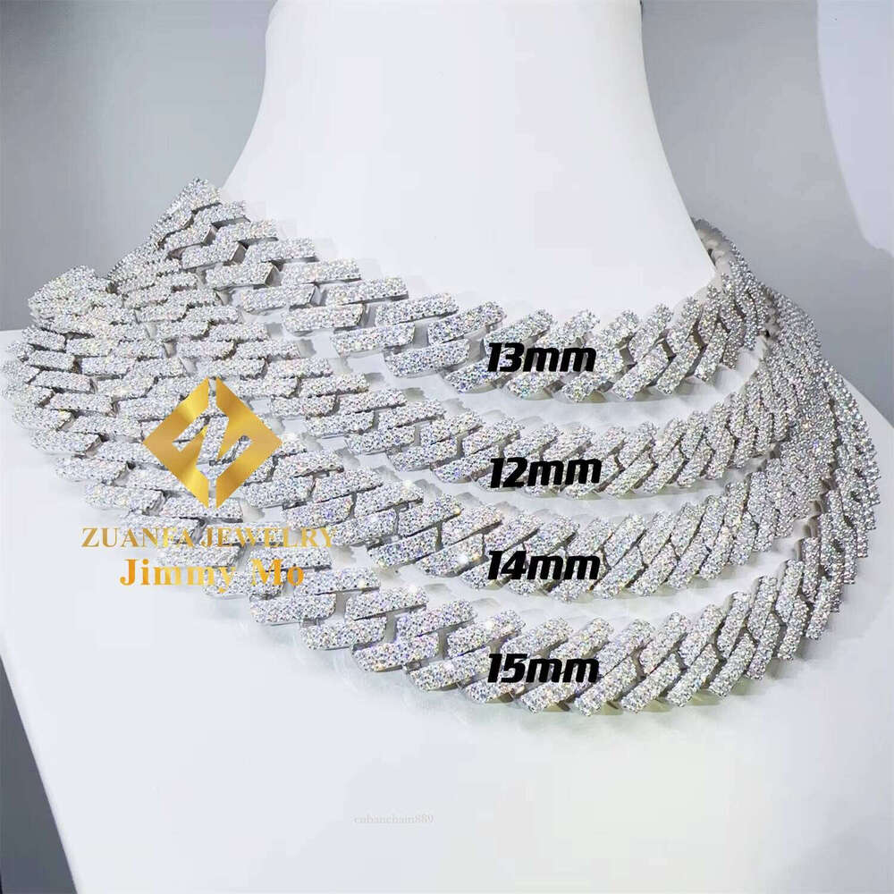 Hot Selling Pass Dia Tester Solid Sier 12mm 13mm 14mm 15mm Two Rows Iced Out Hip Hop VVS1 Moissanite Cuban Link Chain