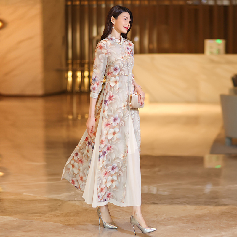 Women's Elegant Sleeveless Chiffon Cheongsam Dress - Traditional Silken Beauty