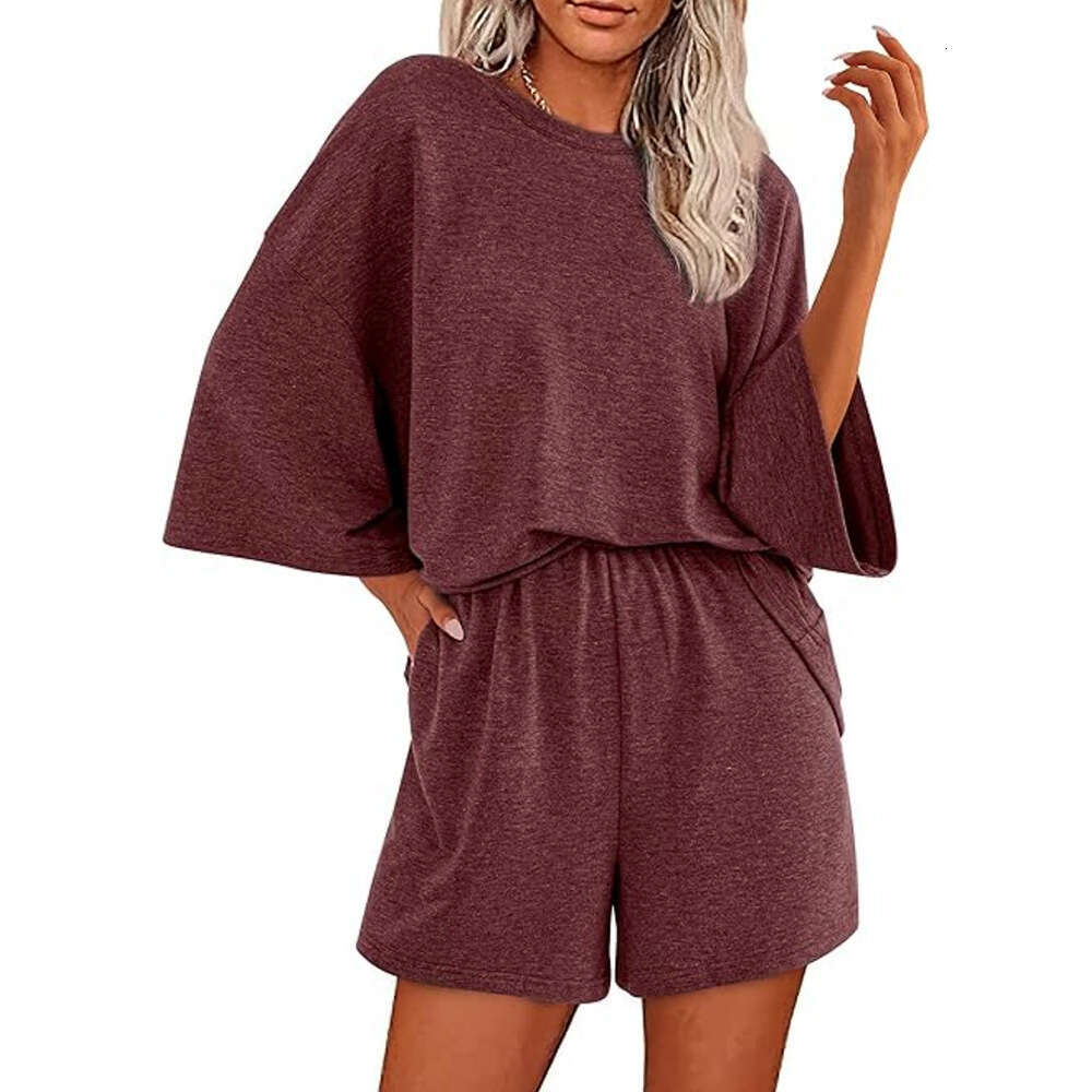 2025 Casual Women's Summer Solid Color Round Neck Short Sleeve Top Elastic Shorts Two-Piece Set for Women