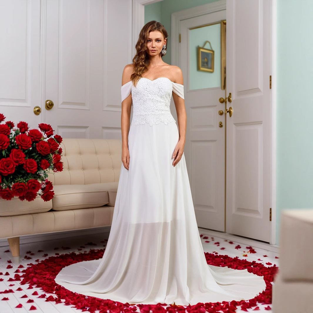 2025 Summer New Dress Shoulder Lace Chiffon Splicing Wedding Dress