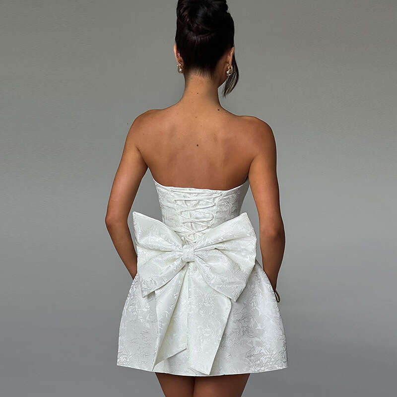YJ24112 Summer 2025 New Fashion Style Elegant Sexy Jacquard Strapless Bow Mini Dress for Women