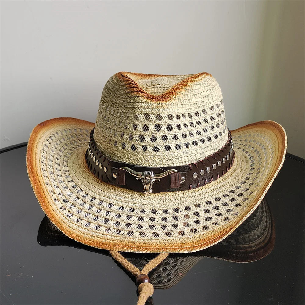 Holllow Cowboy Straw Hat Women Men Summer Handmade Vintage Hollow Western brim Sun Protection Fisherman Mountaineering Bohemian 250526