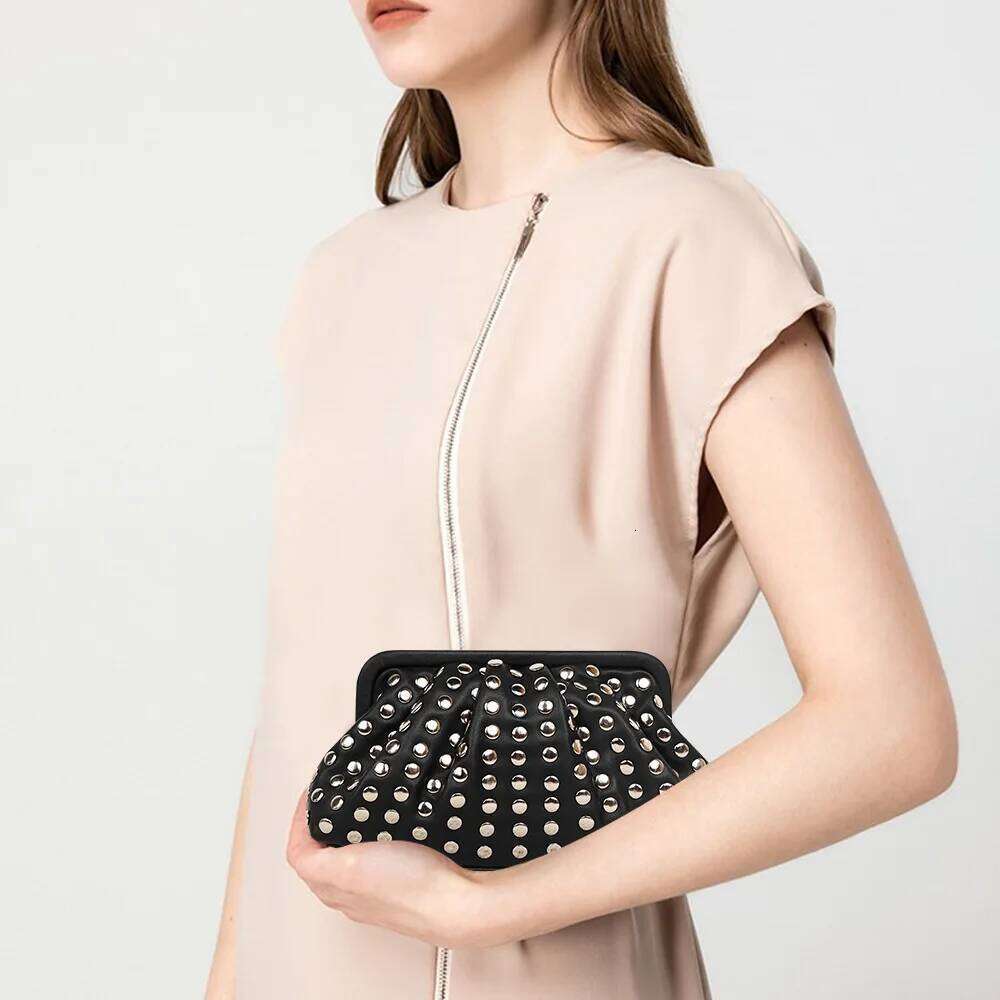 Fashion Rivet Clutch For Women Ruched Hobo Lady Handbags Pu Leather Evening Party Purses Punk Shell Female Bag 2024