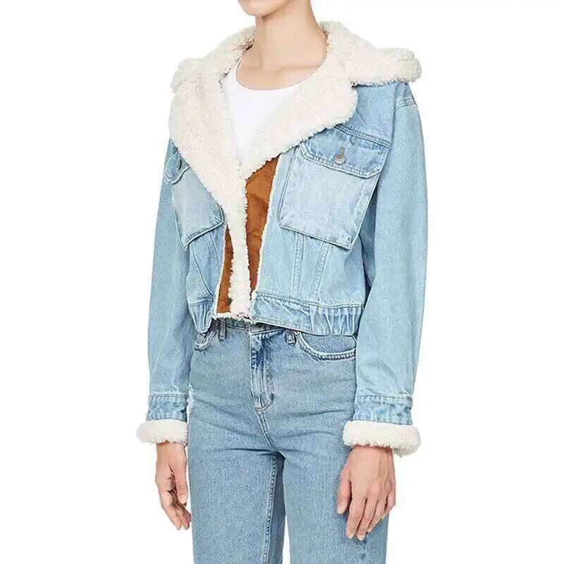 HKSH Trendy Lamb Wool 2024 Spring Autumn Winter New Women's Tide Splicing Personalized Single Breasted Short Denim Coat Hk3120
