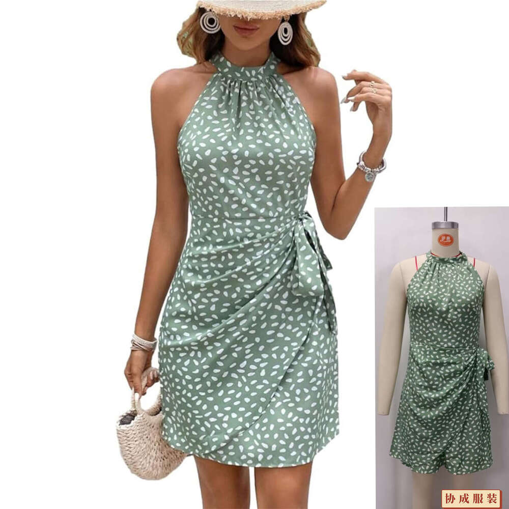2025 Tie Polka Dot Ruched Sleeveless Waist-Cinching Halter Dress