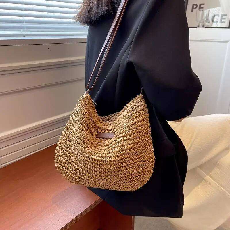 New 2025 Ladies Fashion Summer Straw Crossbody Bag Woven Shoulder Handbag Beach Holiday Shopping Messenger Purse For Women