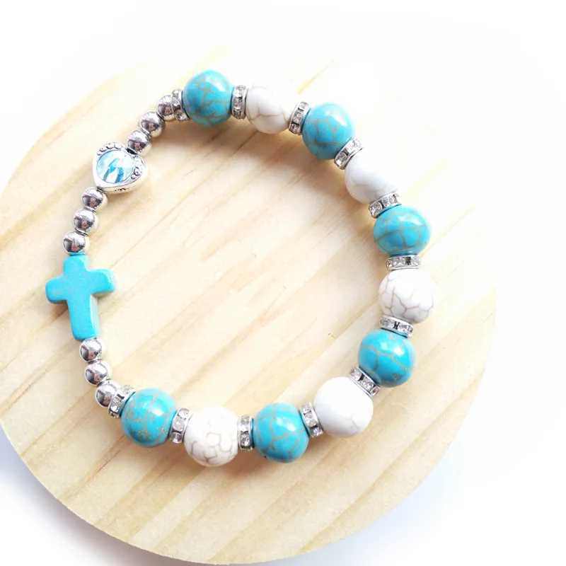 Cross Elastic Rosary Bracelet Blue Stone Beads Strand Jewelry For Men Women W250526