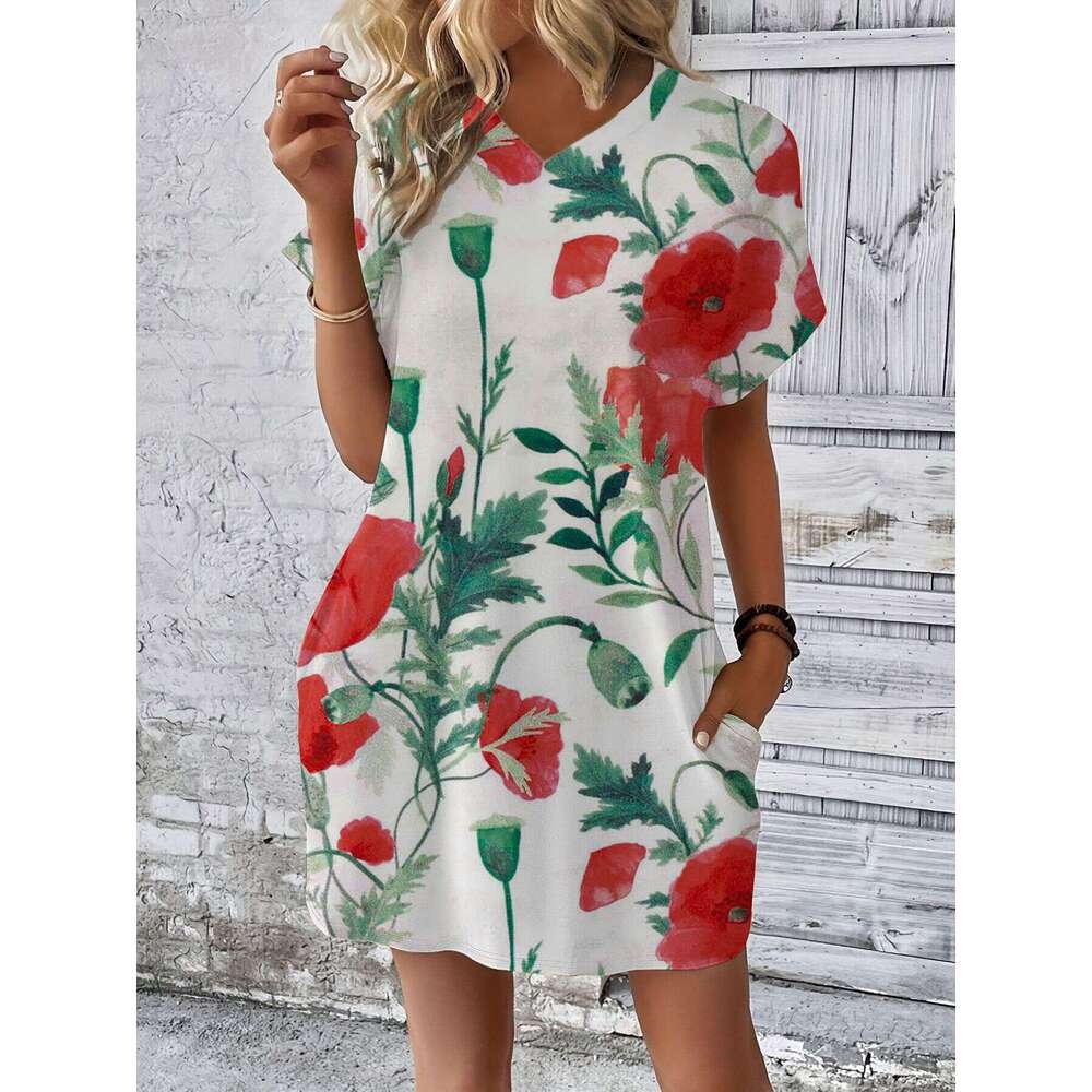 2025 New Printed Women's Fashion Casual Short Sleeve V-neck Pocket Dress for Women
