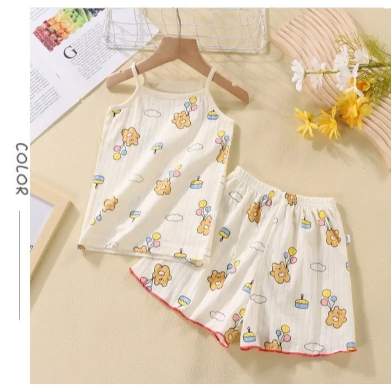 Children Suspender Set Summer Girls Cotton Pajamas Vest Shorts Cartoon Sleeveless Cute Soft Sleepwear Cherry Print 2PCSSet 250527