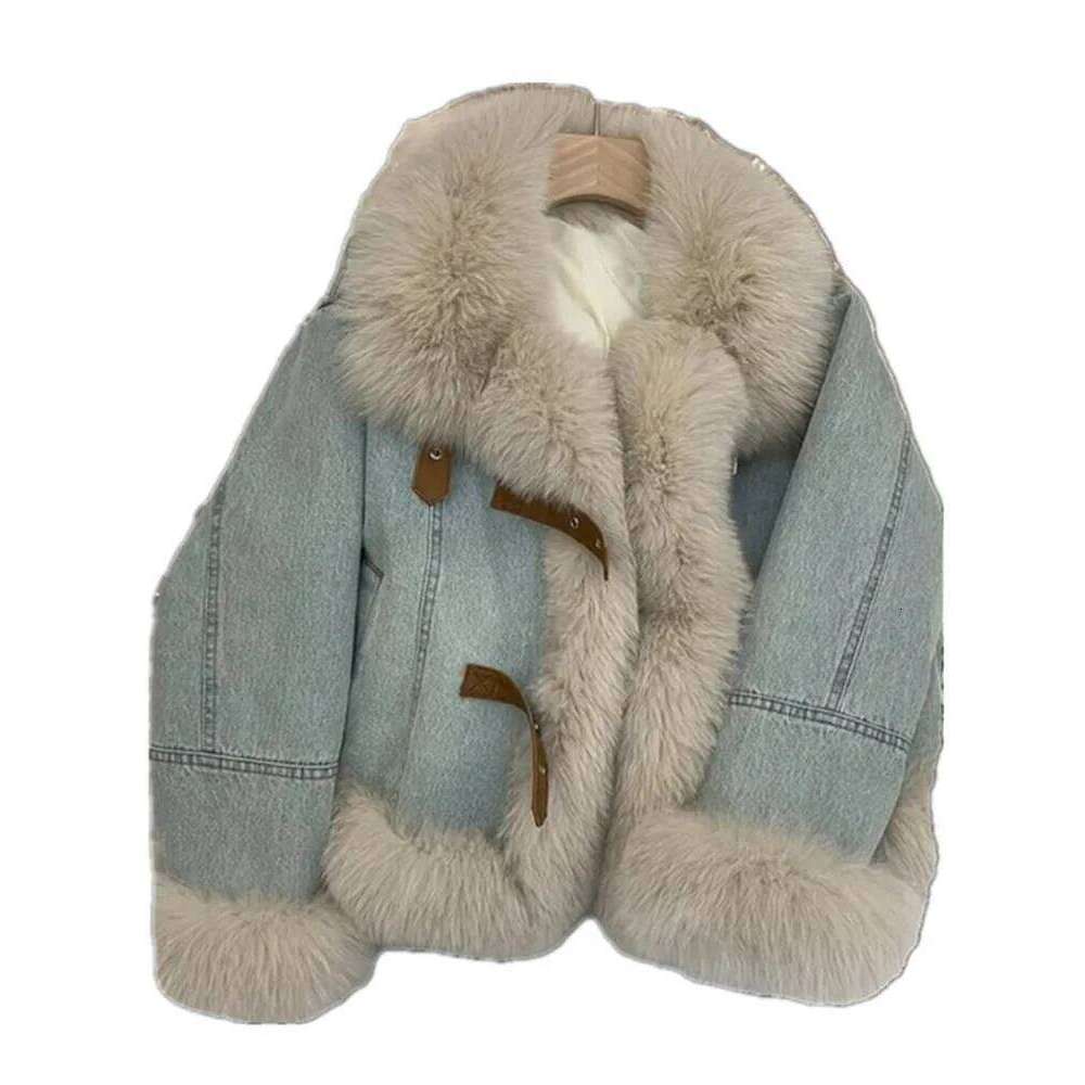 winter new Blue denim jacket women fur collar fashion Long sleeve padded jeans down warm fleece coat Female slim outerwear T785