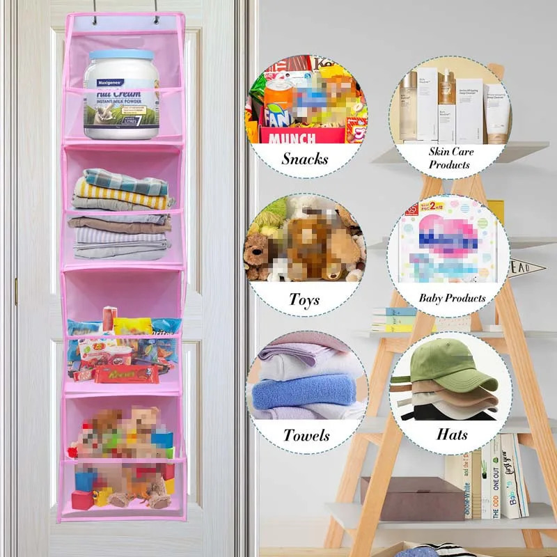 4 Layer Pink Storage Bag Foldable Hanging Organizers for Bathroom Behind The Door Snacks Toys Clothes Storage Holder Accessories 250526