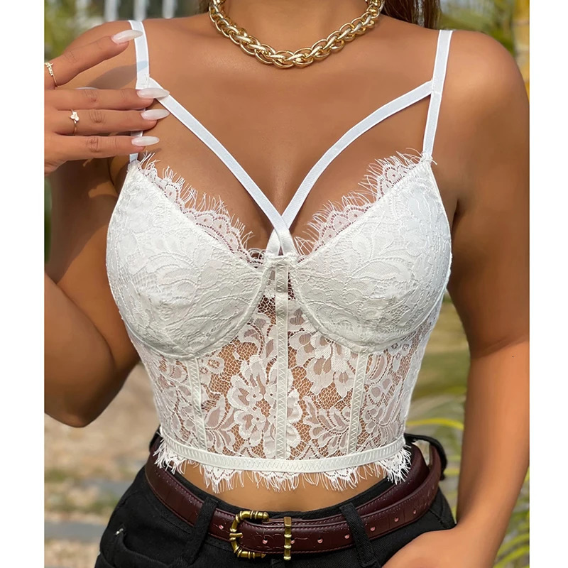 HELIAR Women White Sexy Lace Embroidery Crop Top Hollow Out Y2K Slim Halter Tank Top INS See Through Beach Camis Spring Summer 250523
