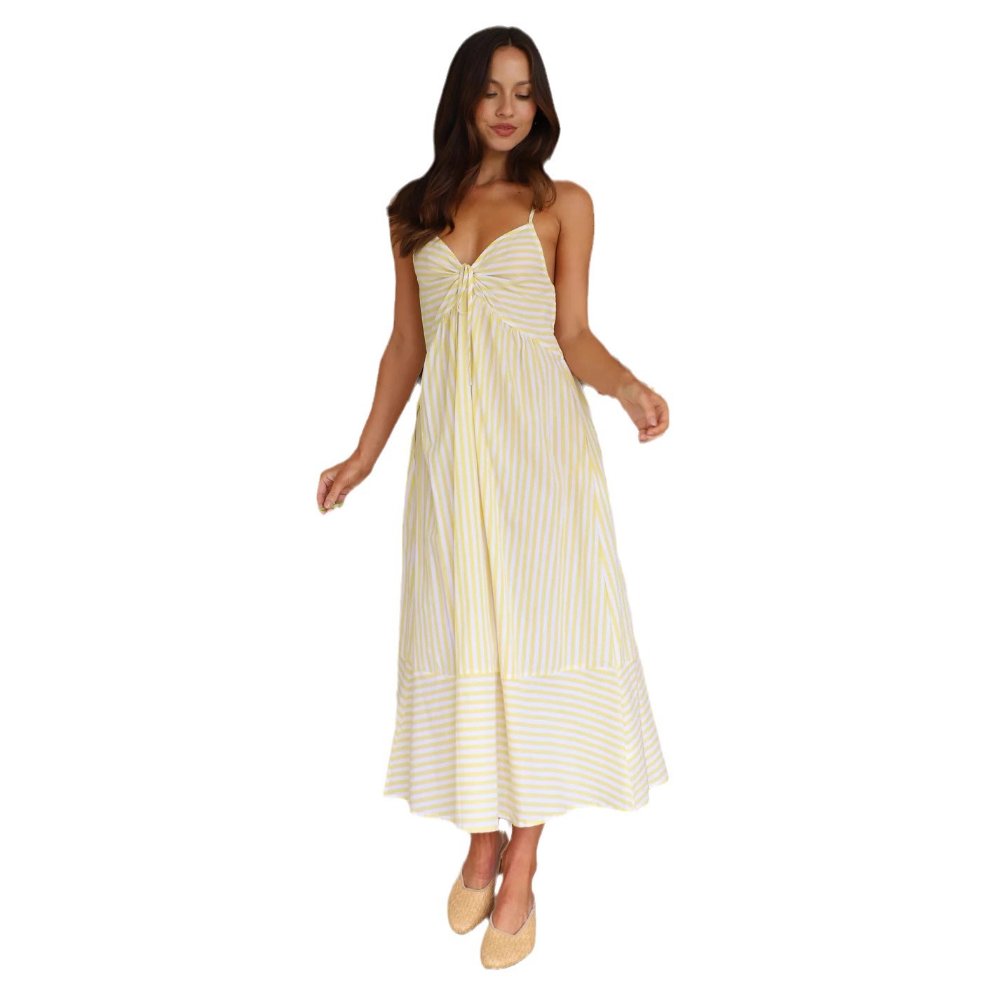Spot 2025 Summer European and American Women's V-neck Striped Strap Dress