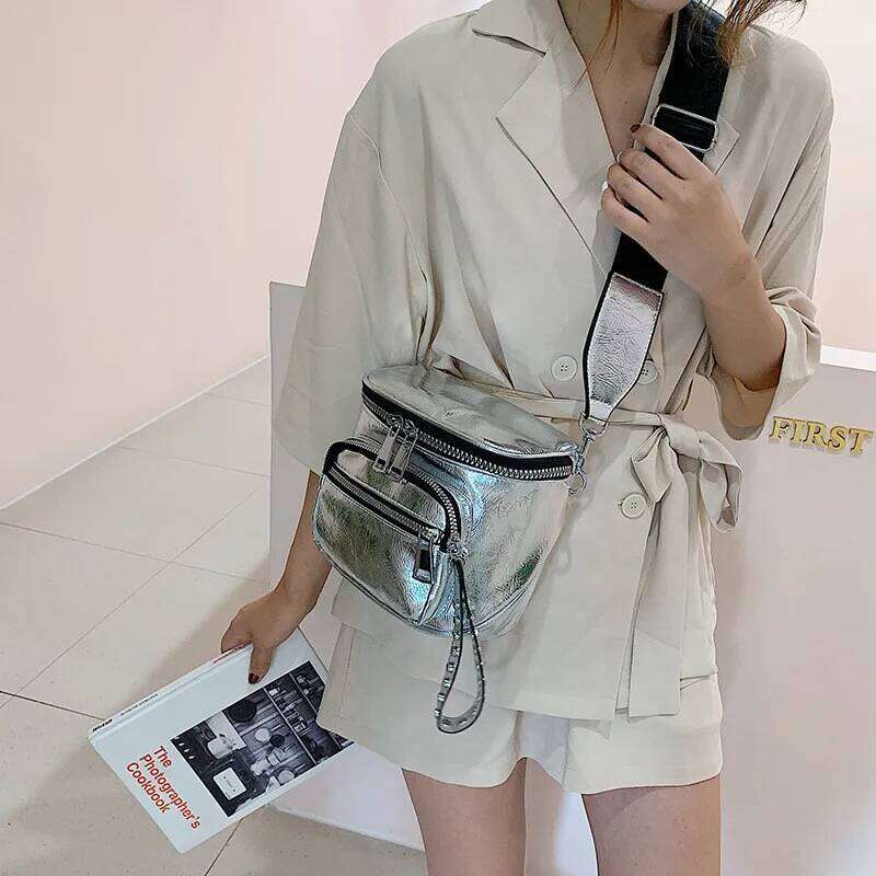 NIGEDU Glossy Wide strap Women shoulder bag designer rivet crossbody bags for female Handbags sier bolsas feminina black