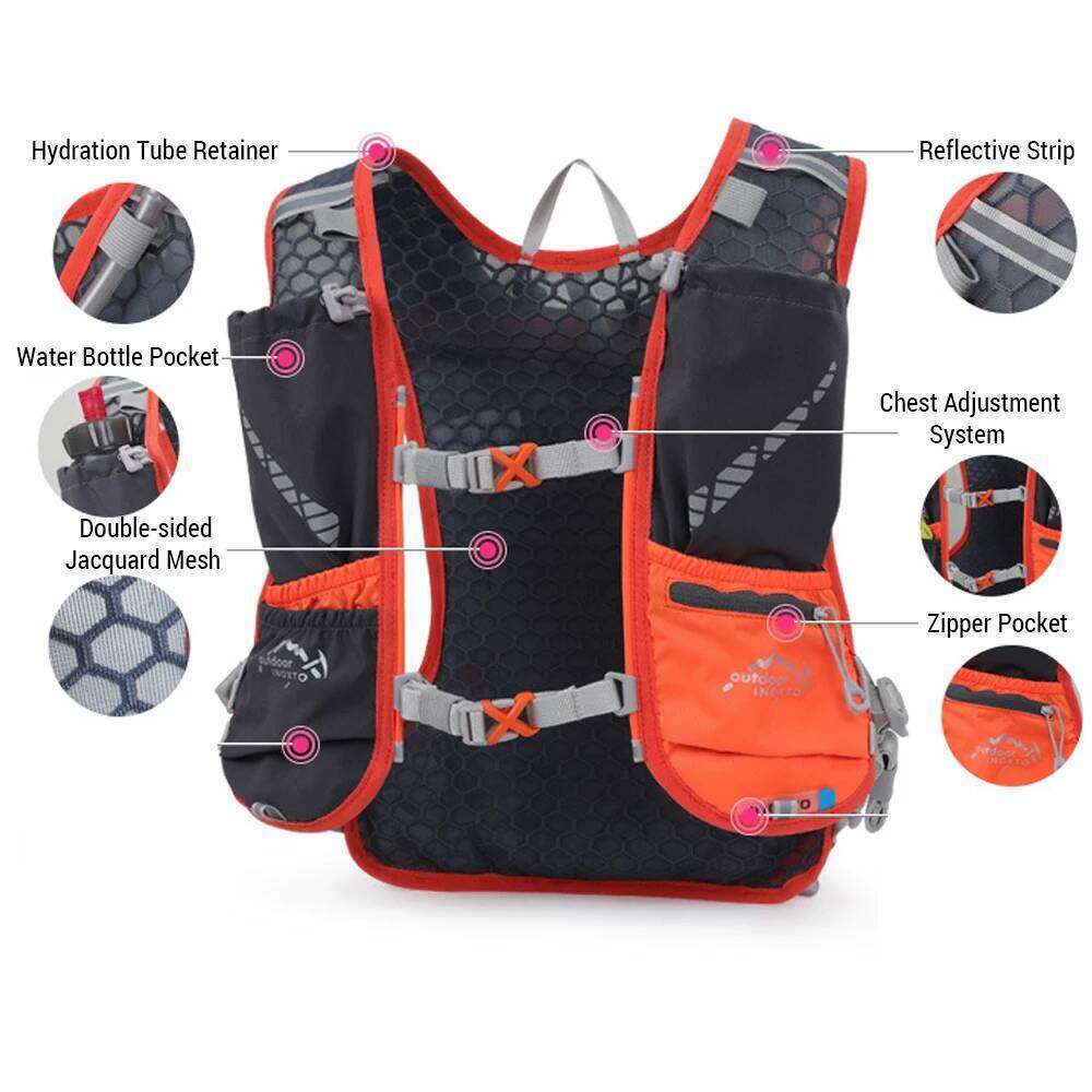 5L Hydration Backpack Running Vest Pack with 1pc 1.5L Bladder and 2pcs 450ml Soft Water Bottles for Outdoor Bag