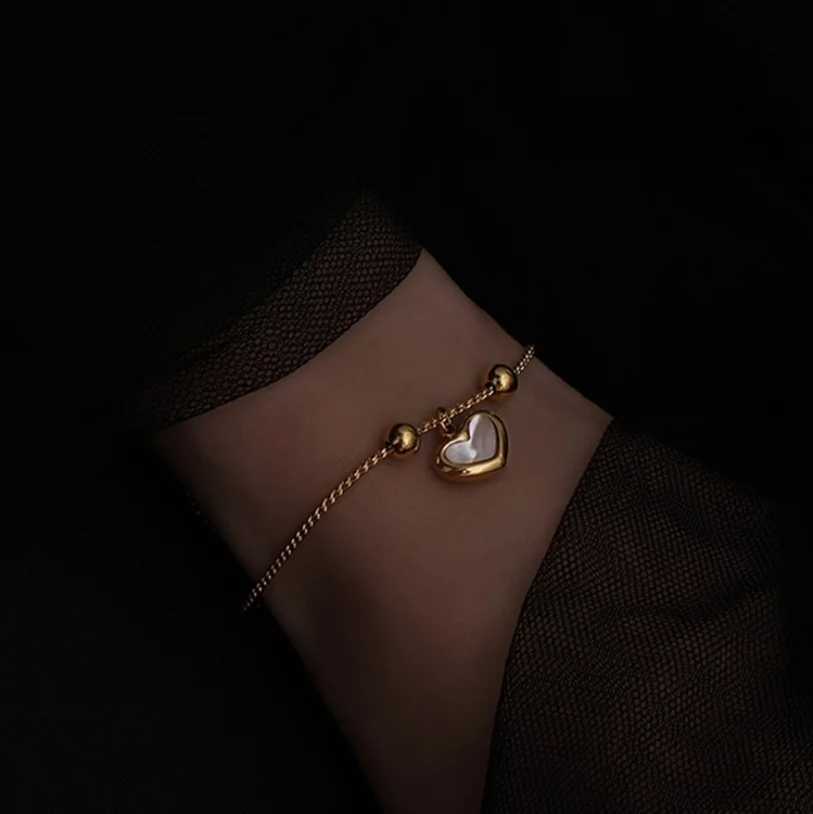 316L Stainless Steel Fashion Upscale Jewelry Heart Natural Shell Drawstring Adjustable Length Charm Snake Chain Bracelets For Women W250526