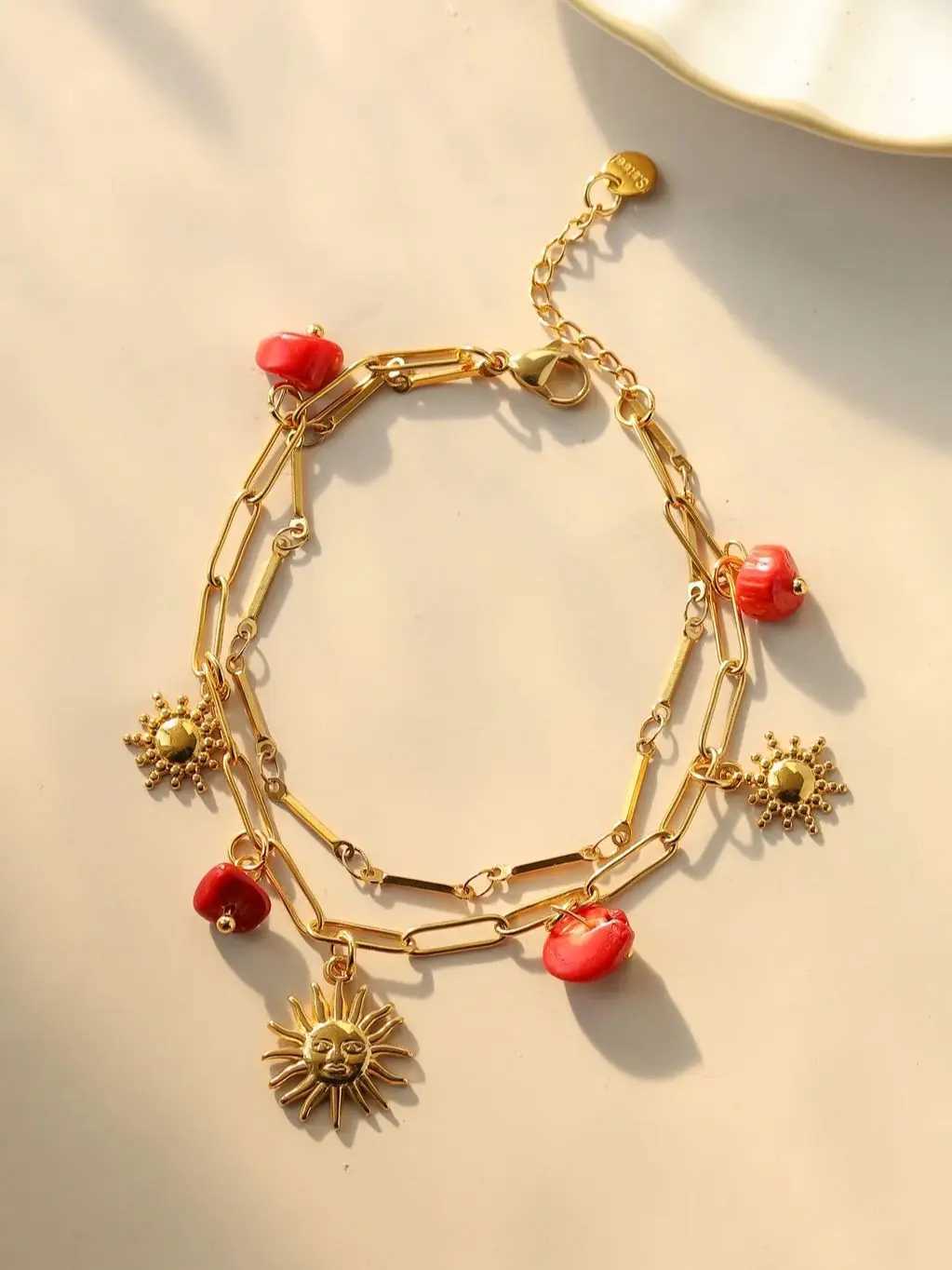 Stainless Steel Red Natural Stone Sun Pendant Double Bracelet Simple Irregular Chain Gold Women Jewelry Birthday Gift W250526