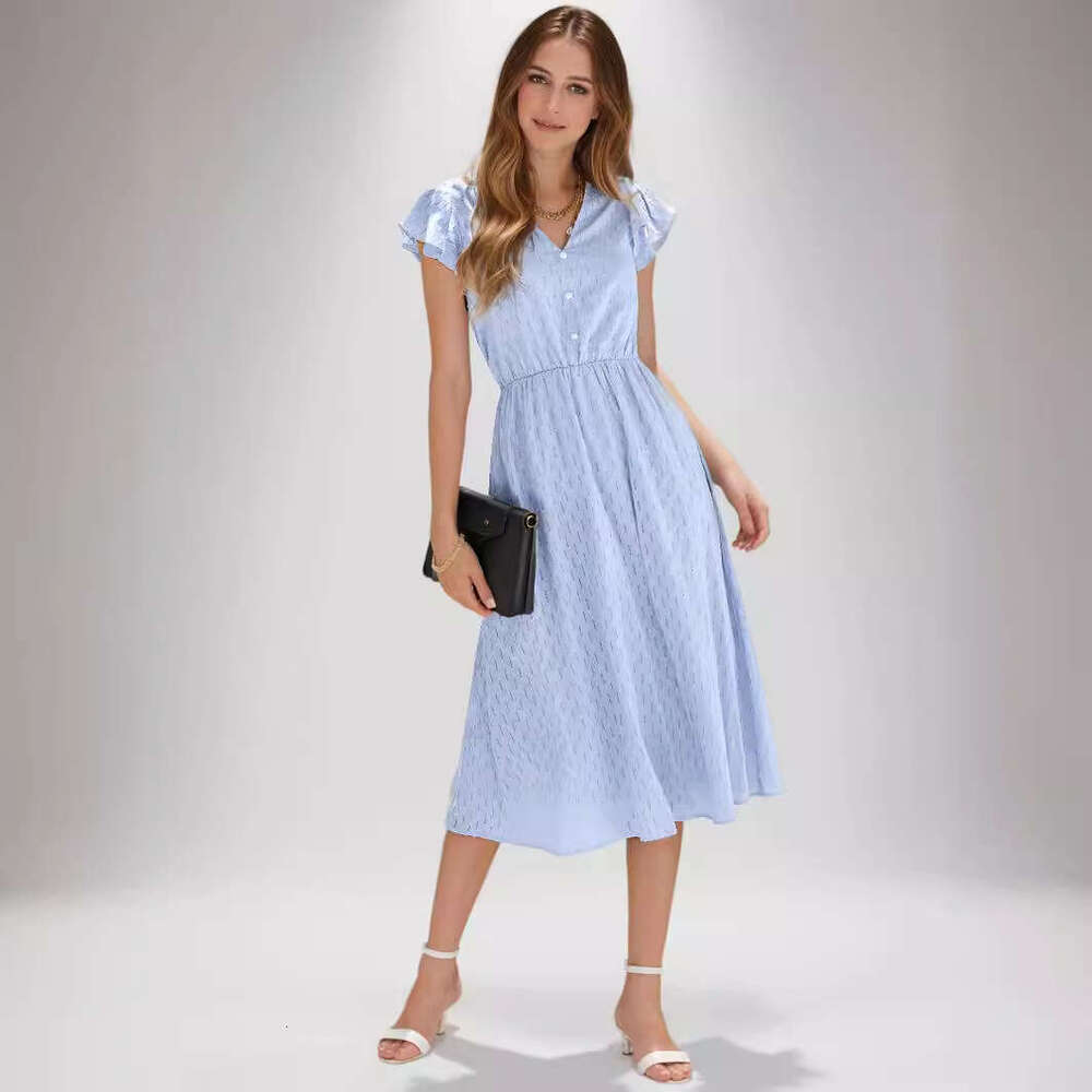 2025 Spring/Summer New Casual Solid Color V-neck Waist-cinching Fresh Style Women's Dress