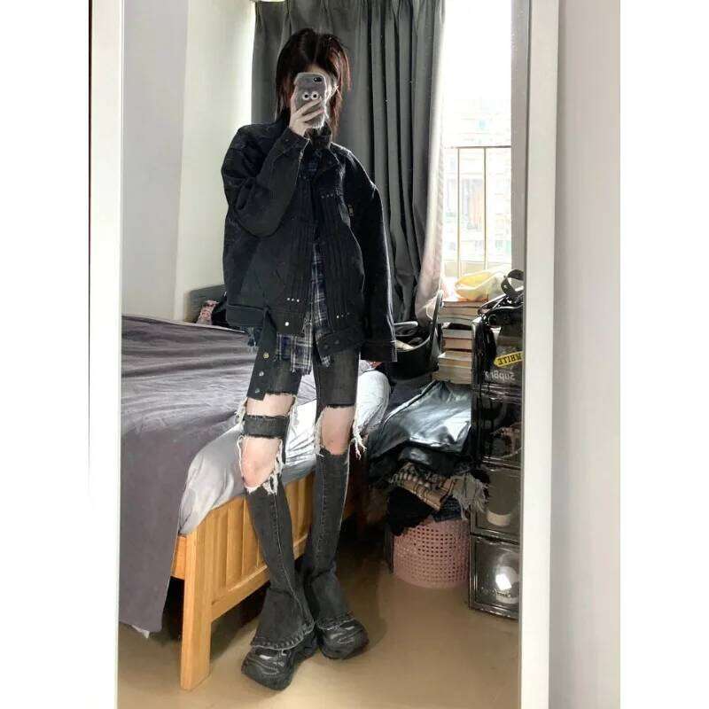 American Vintage Splicing Distressed Design Zipper Denim Men High Street Trend 2025 New Versatile Couple Winter Jackets