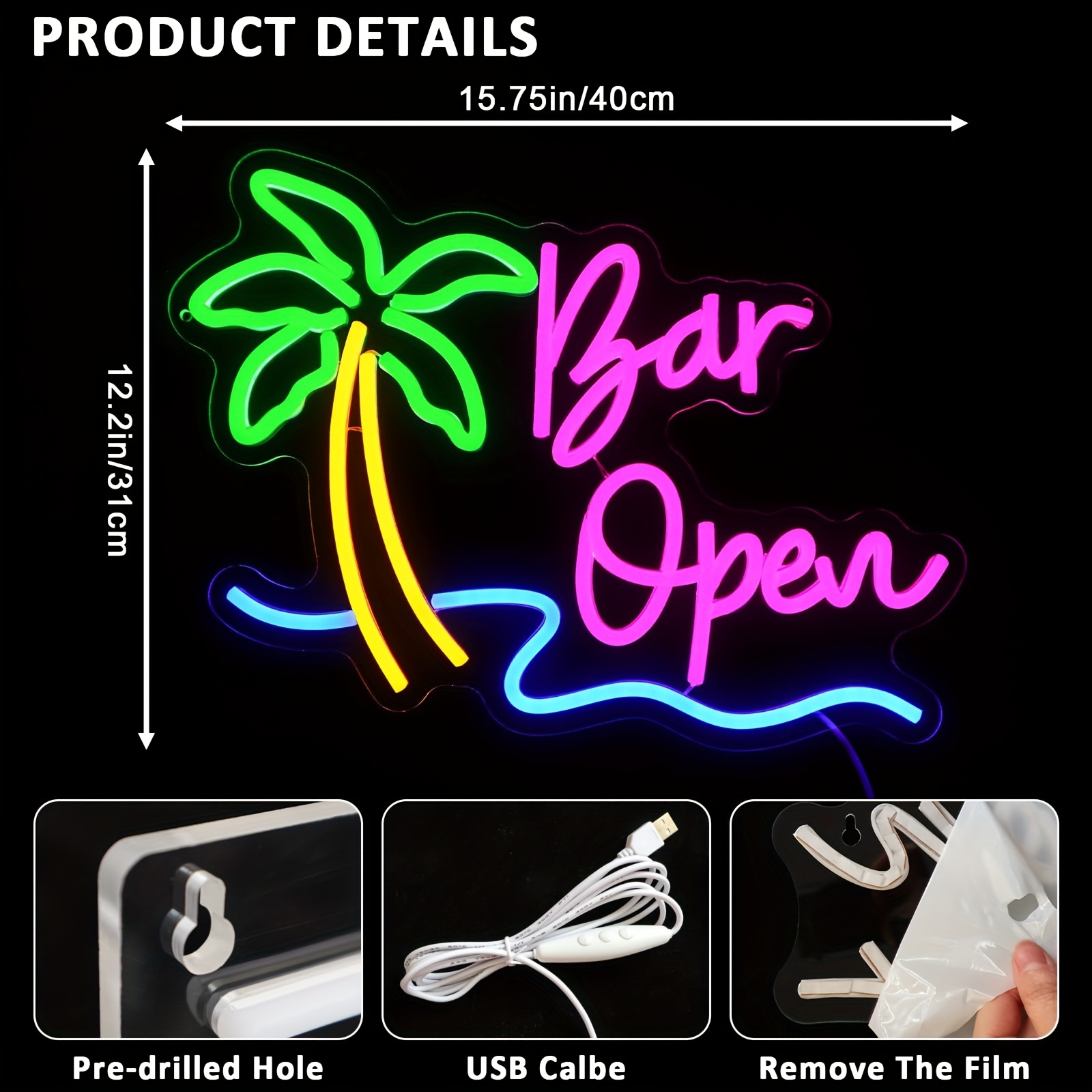 BAR open Tropic Neon Sign Palm Tree Neon Signs for Wall Decor Hawaiian LED Neon Lights Coconut Tree Tropic for Bedroom Bar Party Men Cave Game Room Se