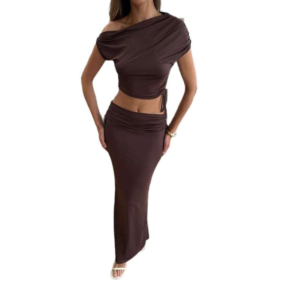 2025 Summer New Women's Fashion Elegant Solid Color Asymmetric Neck Crop Top with Split Skirt Two-Piece Set
